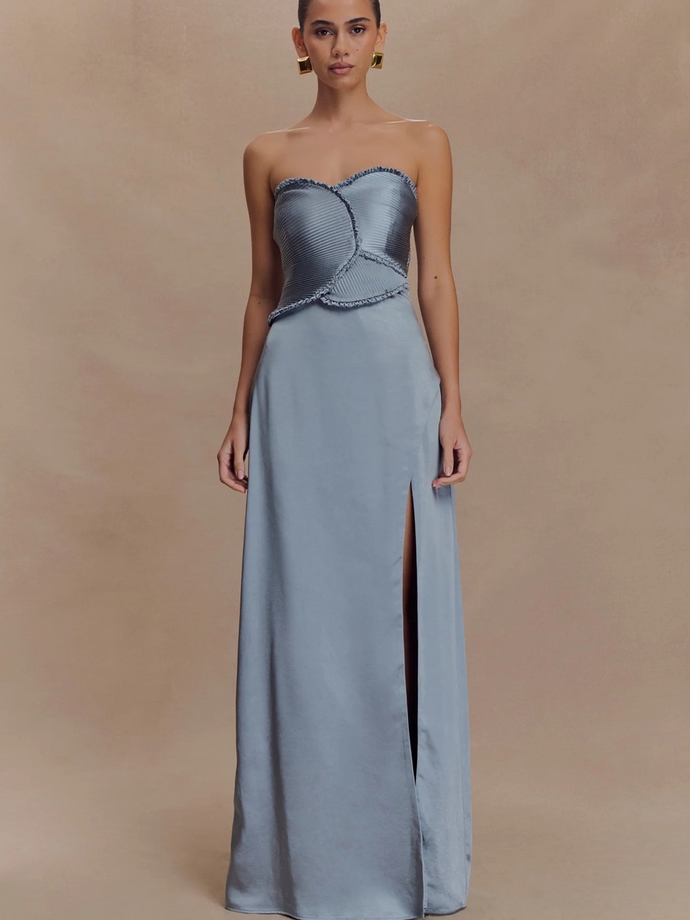 Larissa- Satin Maxi Dress With Ruched Petals - Frosted Blue
